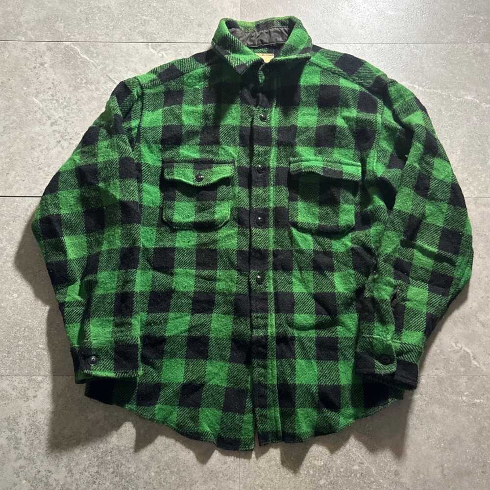 Vintage 60s Wool Buffalo Plaid Flannel Shirt Green Black